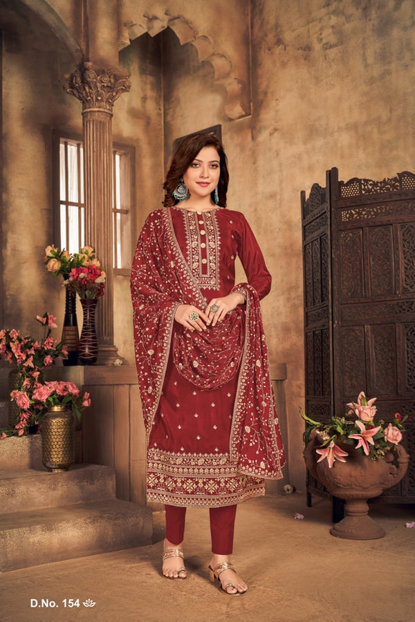 RED THREAD EMBROIDERED SUIT IN VISCOSE SEMI STITCHED