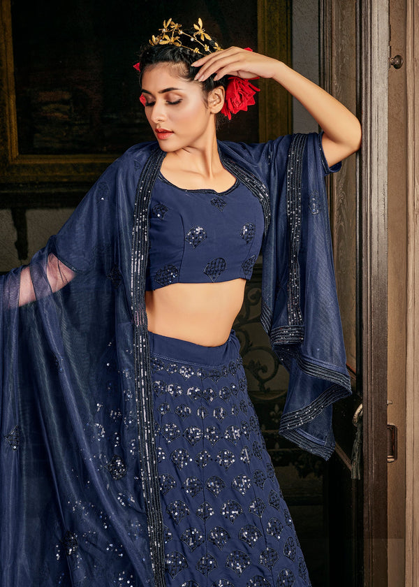 CATCHING NAVY BLUE SEQUINS EMBROIDERED GEORGETTE WEDDING LEHENGA