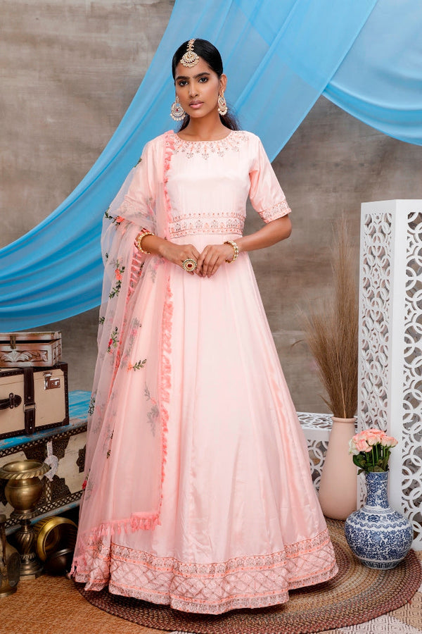 PEACH THREAD EMBROIDERED WORK GEORGETTE ANARKALI LONG GOWN