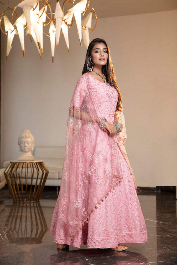 PINK STONE THREAD EMBROIDERY WORK LONG ANARKALI GOWN