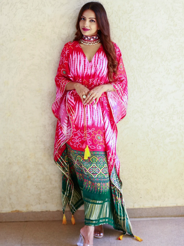 Pink Color Digital bandhej Printed Pure Gaji Silk Kaftan Dress