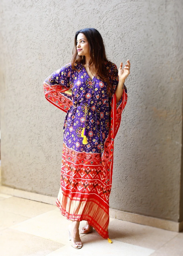 Purple Color Digital Bandhej Printed For Gaji Silk Kaftan Dress