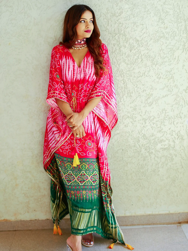 Pink Color Digital bandhej Printed Pure Gaji Silk Kaftan Dress