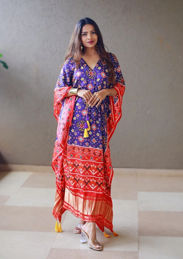 Purple Color Digital Bandhej Printed For Gaji Silk Kaftan Dress